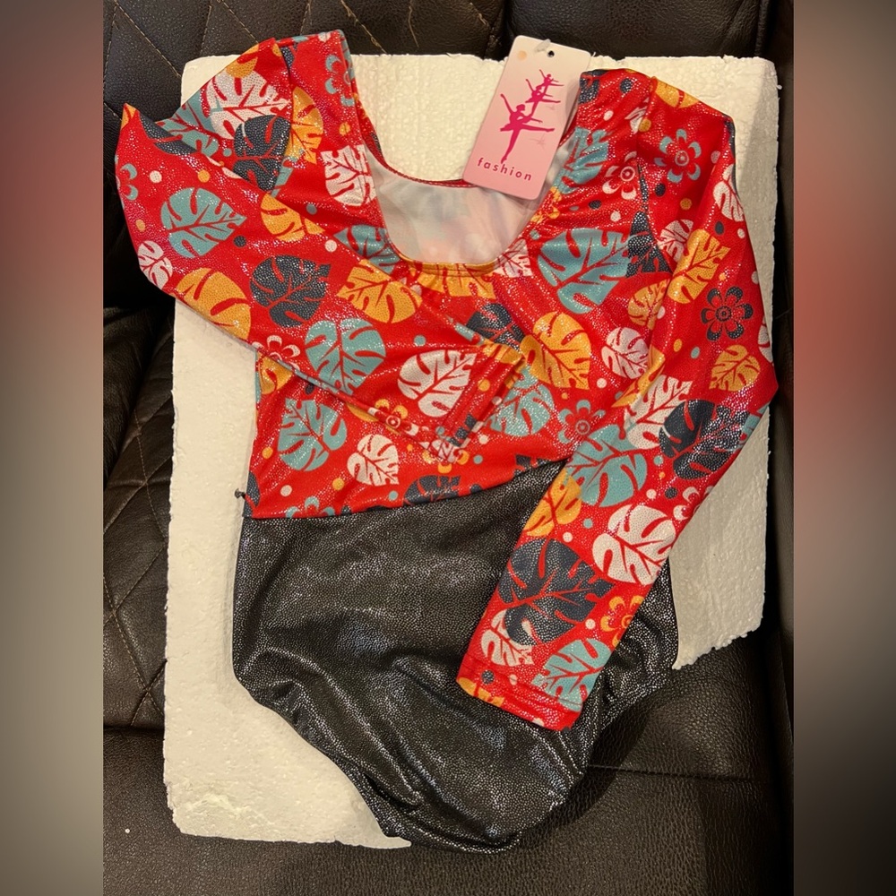 Kids Floral Orange & Black Long-Sleeved Gymnastics Leotard